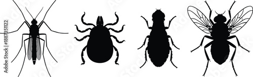 Vector Collection of Black Insect Silhouettes Including Mosquito, Tick, and House Fly Isolated on White Background for Pest Control and Healthcare