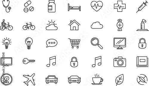 Black and white line of various and symbols line black and white stethoscope pills bottle