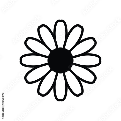 Simple black and white line art silhouette of a daisy flower bloom icon