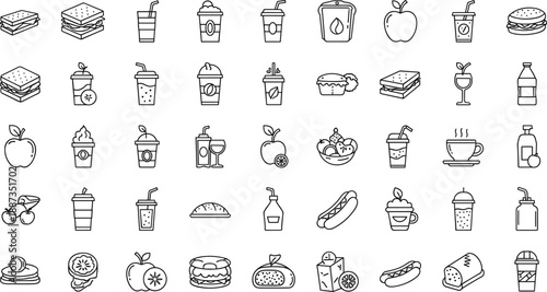 Black and white line of various fast food and drink drinks sandwiches burgers apples