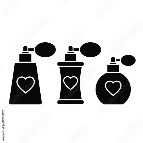 Three classic perfume bottles featuring heart outlines represent romance and fragrance design