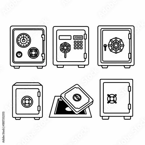 A collection of six outline icons depicting various types of security safes, vaults, and strongboxes with combination and digital locks.