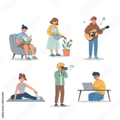 Modern vector illustration depicting various leisure activities, hobbies, and relaxation scenes including reading, gardening, music, photography, exercise, and remote work.