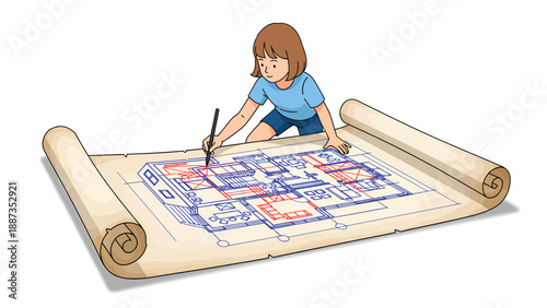 Child Architect Drawing House Plan on Scroll