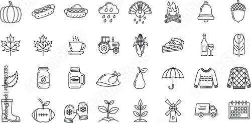 Autumn seasonal icon set outline vector illustration pumpkin leaves harvest thanksgiving food farm weather cozy fall collection symbols