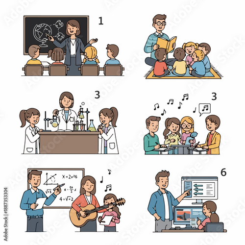 Diverse classroom education illustration set featuring teachers and students studying geography, science, reading, mathematics, music, and digital technology.