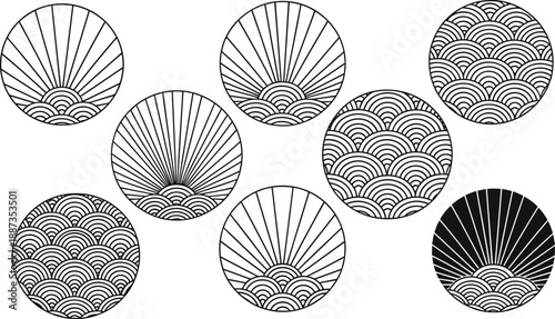 Japanese sun wave pattern circle set vector geometric line art badges minimalist abstract symbols decorative design elements