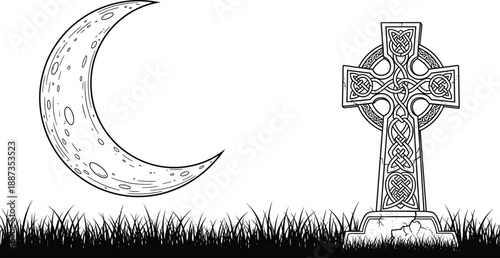 Crescent moon and celtic cross graveyard silhouette vector illustration gothic cemetery night spiritual memorial halloween tattoo design