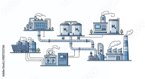 Illustration of a complex industrial hydrogen production and storage facility with interconnected pipelines and various processing units.