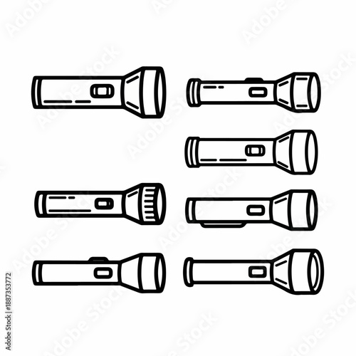 Collection of eight different flashlight or torch outline icons, representing camping, safety, and emergency lighting tools.