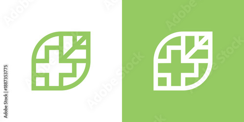 Dual meaning logo combining a leaf and medical plus symbol, symbolizing natural healthcare, wellness, sustainability, and holistic medical solutions.
