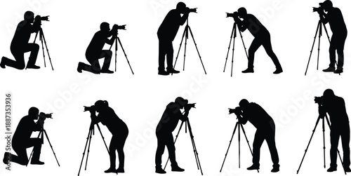 Photographer silhouettes set with camera tripod standing kneeling shooting poses cad drawing flat vector illustration
