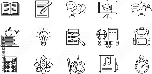 Educational including book, pencil, laptop, globe, backpack, calculator, and more educational school