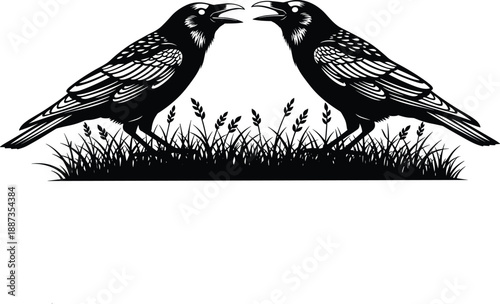 Black raven birds silhouette vector illustration with grass symmetrical crows gothic wildlife tattoo style dark nature design