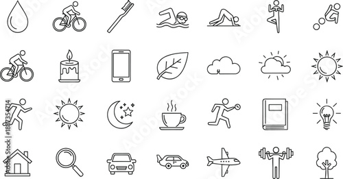 Line of various everyday and activities line black and white simple everyday activities sports