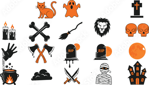 Halloween themed vector icon set featuring spooky cat ghost candles bones witch broom lion skulls graves mummy house symbols collection