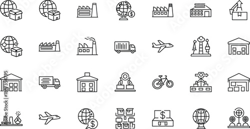 Logistics and transportation including buildings factories vehicles and global symbols