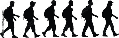 Walking silhouette sequence, backpack motion icons, vector illustration, black design, minimal layout, human movement, casual travel pose