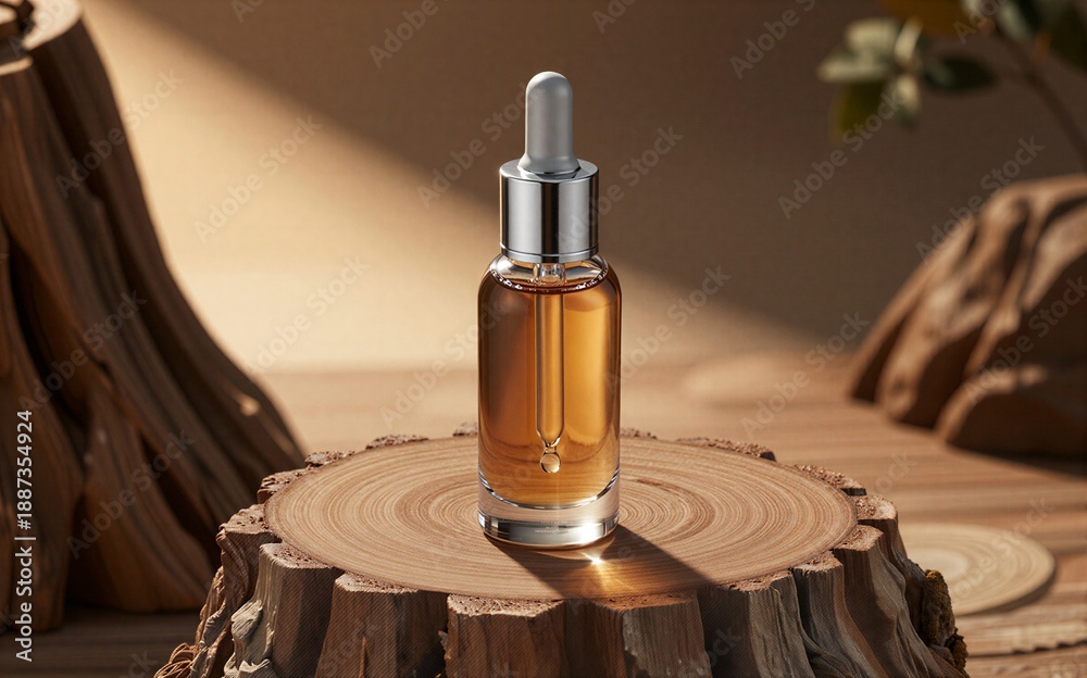 Naklejka premium Golden serum in glass dropper bottle, nestled on rustic wood slice under warm sunlight.