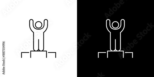 Line art icon of a person standing on a winner's podium with arms raised in victory