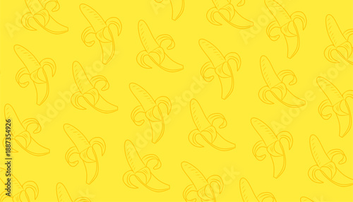 Banana Seamless Pattern Yellow Vector Outline Minimal Background. Tropical Repeating Texture