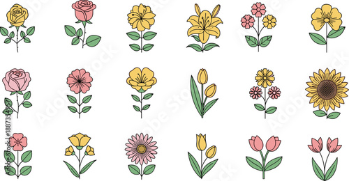 Stylized flower grid, colorful botanical icons, petal diversity, vector illustration, nature symbols, minimal layout, garden blooms, floral design