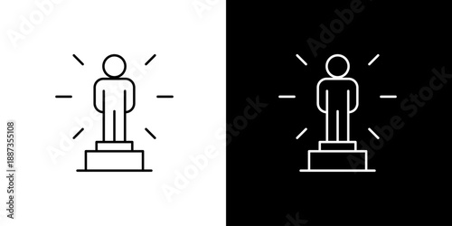 Simple black and white line icon representing a person on a winner's podium with a glow, conveying concepts of achievement, success, and recognition