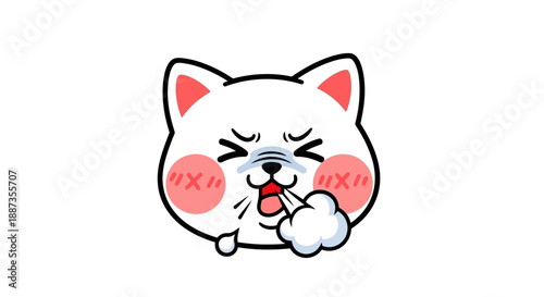 Charming white cartoon cat character illustration with pink cheeks and determined expression exhaling a cloud of breath, symbolizing effort, strain, or a big sigh of relief