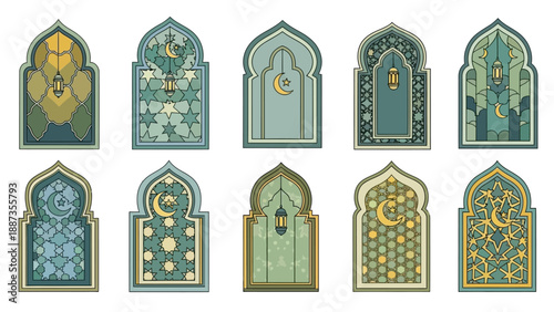 Collection of Islamic window designs with geometric patterns and traditional motifs, perfect for architectural and cultural themes
