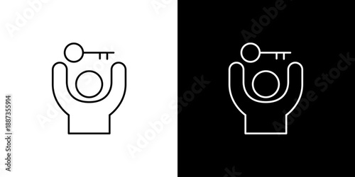 Minimalist line art icon set of a hand holding a key, symbolizing solution, access, opportunity, and unlocking potential for strategic business success