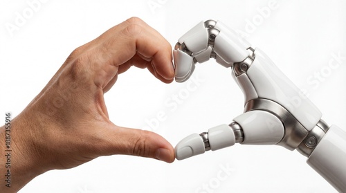 Human and robotic hands nearly touch in heart shape gesture