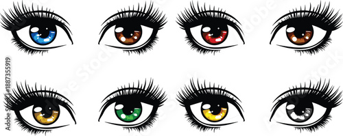 Colorful female eyes vector set with different iris colors eyelashes makeup beauty fashion icons isolated illustration collection