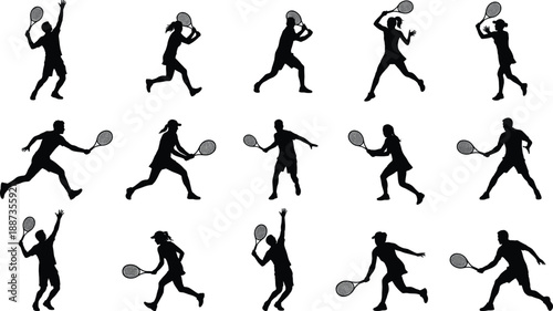 Black Tennis Player Silhouettes Set Featuring Men and Women Athletes in Action Poses Serving Volleying and Hitting Forehand Stroke Graphics