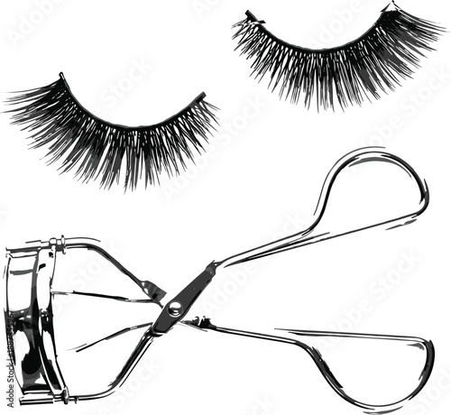 False eyelashes and eyelash curler beauty tools vector illustration black and white cosmetic makeup accessories salon fashion design