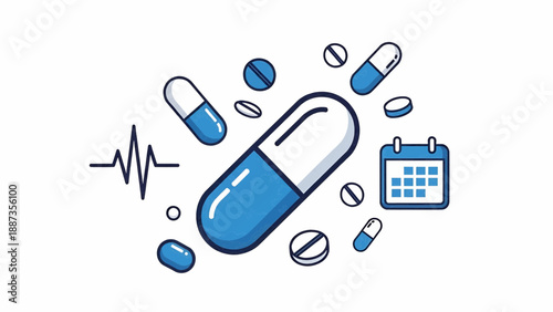 Medication and pills surrounding a large capsule with a calendar icon and heartbeat line nearby digitally illustrated.
