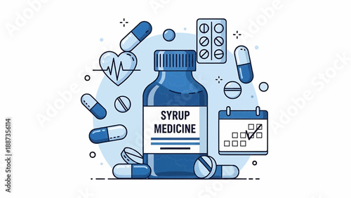 Medication bottle surrounded by pills and capsules with calendar beside it depicting health and medication schedule in a medical theme illustration