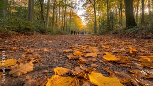 Rich Carpet of Vibrant Autumn Oak Leaves Scattered Across a Winding Forest Pathway