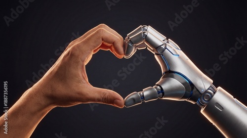 Human and robotic hands forming a heart shape in harmony