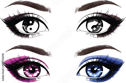Stylish female eyes with colorful eyeshadow makeup set beauty fashion cosmetic vector illustration collection isolated design elements