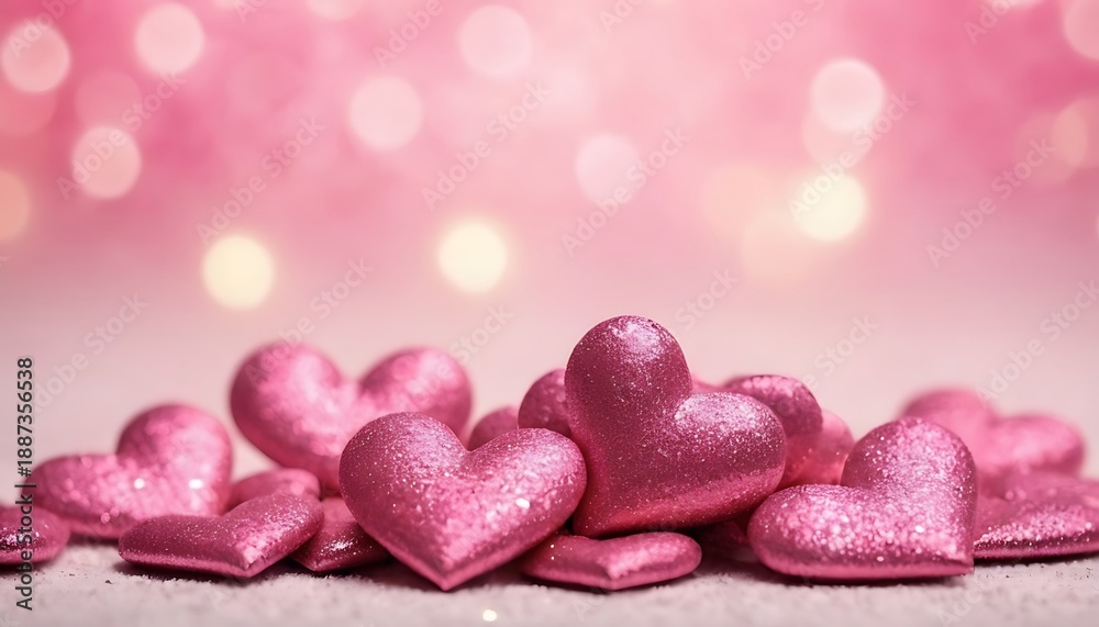 Fototapeta premium Sparkling pink hearts scattered on a surface with a dreamy bokeh background for love and celebration