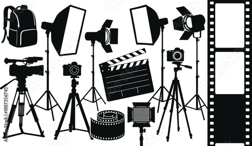 Collection of Photography and Video Production Equipment Silhouettes Including Cameras, Tripods, Studio Lights, Clapperboard, Film Strips, and Backpack for Creative Media.
