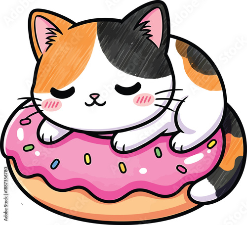 Cute calico cat sleeping on a pink donut illustration, adorable cartoon style artwork