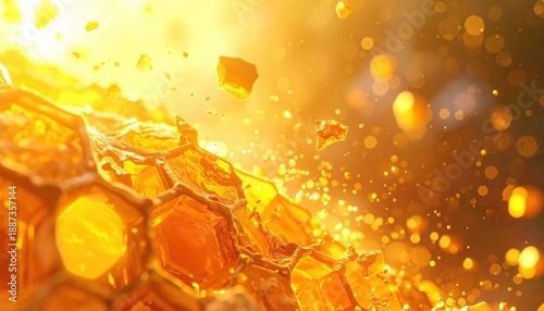 Golden honey flowing in hexagonal cells with bright sunlight and liquid droplets