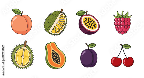Various colorful fruits illustrations in a cartoon style with green leaves