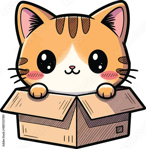Cute cartoon illustration of a cat sitting in a box, perfect for children's books and fun designs.