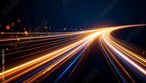 Glowing Orange and Blue Light Trails Converge on a High-Speed Digital Highway