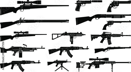 Collection of Tactical Firearm Silhouettes Including Sniper Rifles, Assault Weapons, Handguns, Machine Guns, and Shotguns for Military and Gaming Design Projects.