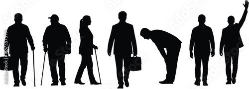 Silhouette Vector Set of Diverse People Walking with Canes Carrying Briefcases Bowing and Waving Representing Accessibility Business Life and Daily Interaction