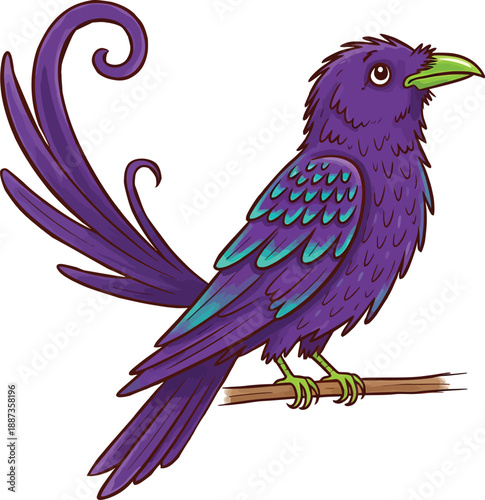 Magical Purple Bird Sitting on Branch, Whimsical Fantasy Creature
