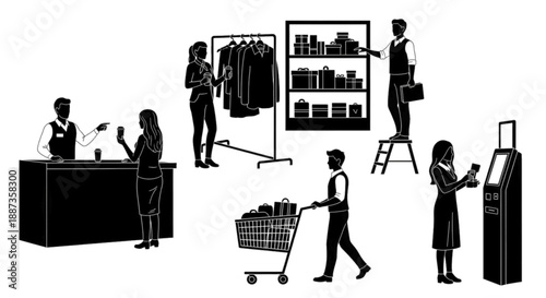 Shopping, retail, and customer service icons with people and products, isolated.